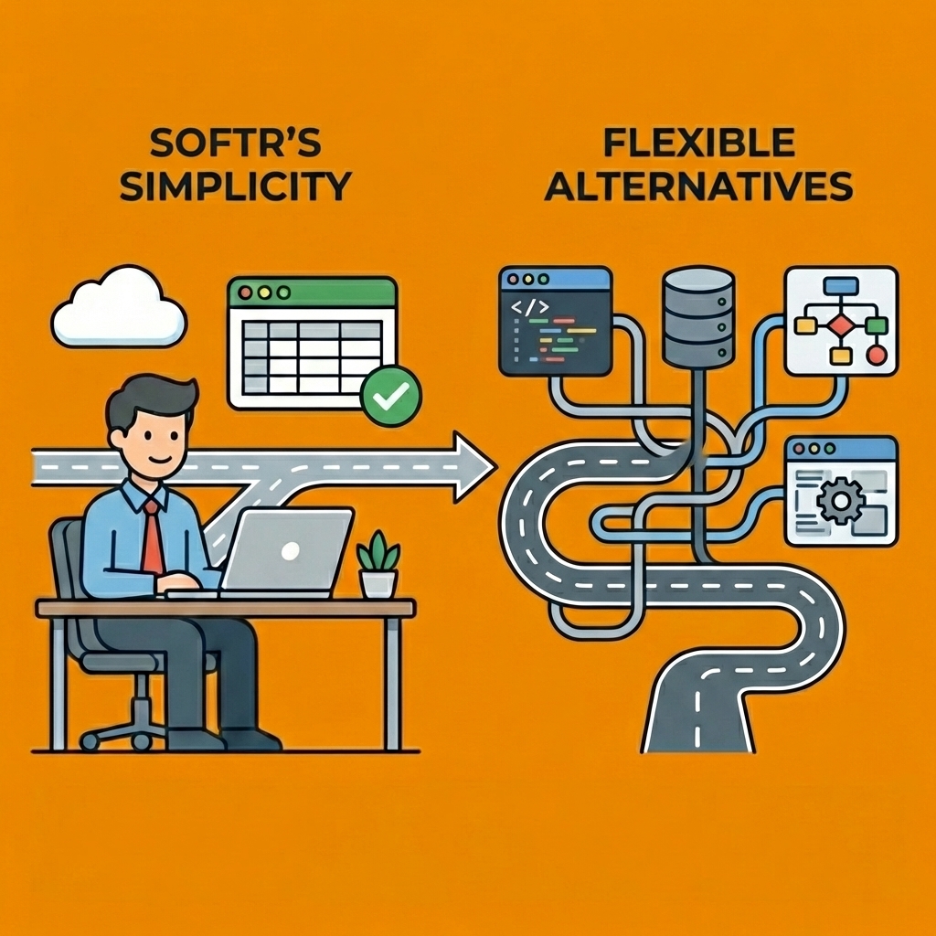 Two diverging paths showing Softr's simplicity on one side and flexible alternatives on the other